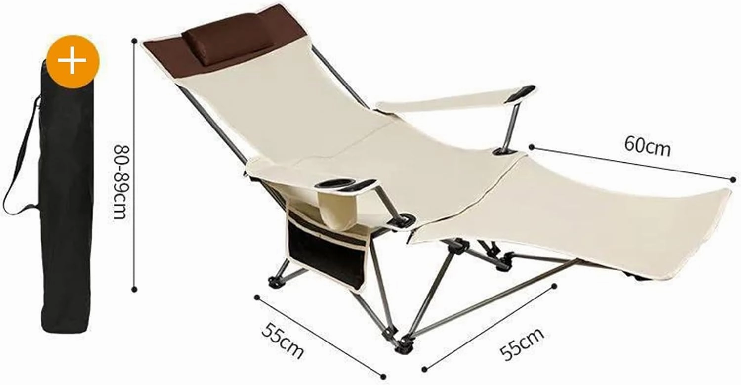 Portable Beach Chair, Folding Lounge Chair, Heavy Duty Lay Flat Tanning Chair with High Backrest, Headrest, Side Pocket and Cup Holder, Lightweight Comfortable Outdoor Chair, Beige