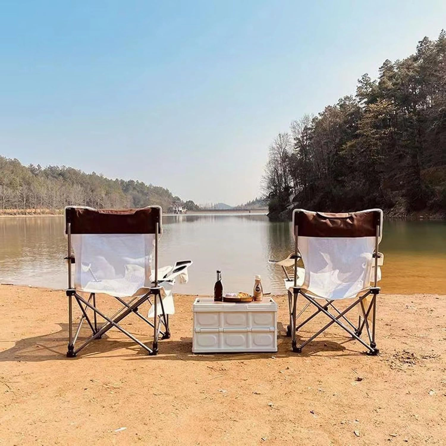 Portable Beach Chair, Folding Lounge Chair, Heavy Duty Lay Flat Tanning Chair with High Backrest, Headrest, Side Pocket and Cup Holder, Lightweight Comfortable Outdoor Chair, Black