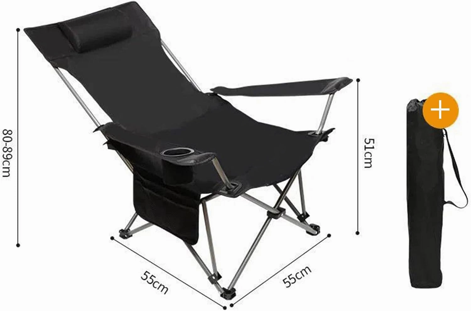 Portable Beach Chair, Folding Lounge Chair, Heavy Duty Lay Flat Tanning Chair with High Backrest, Headrest, Side Pocket and Cup Holder, Lightweight Comfortable Outdoor Chair, Black