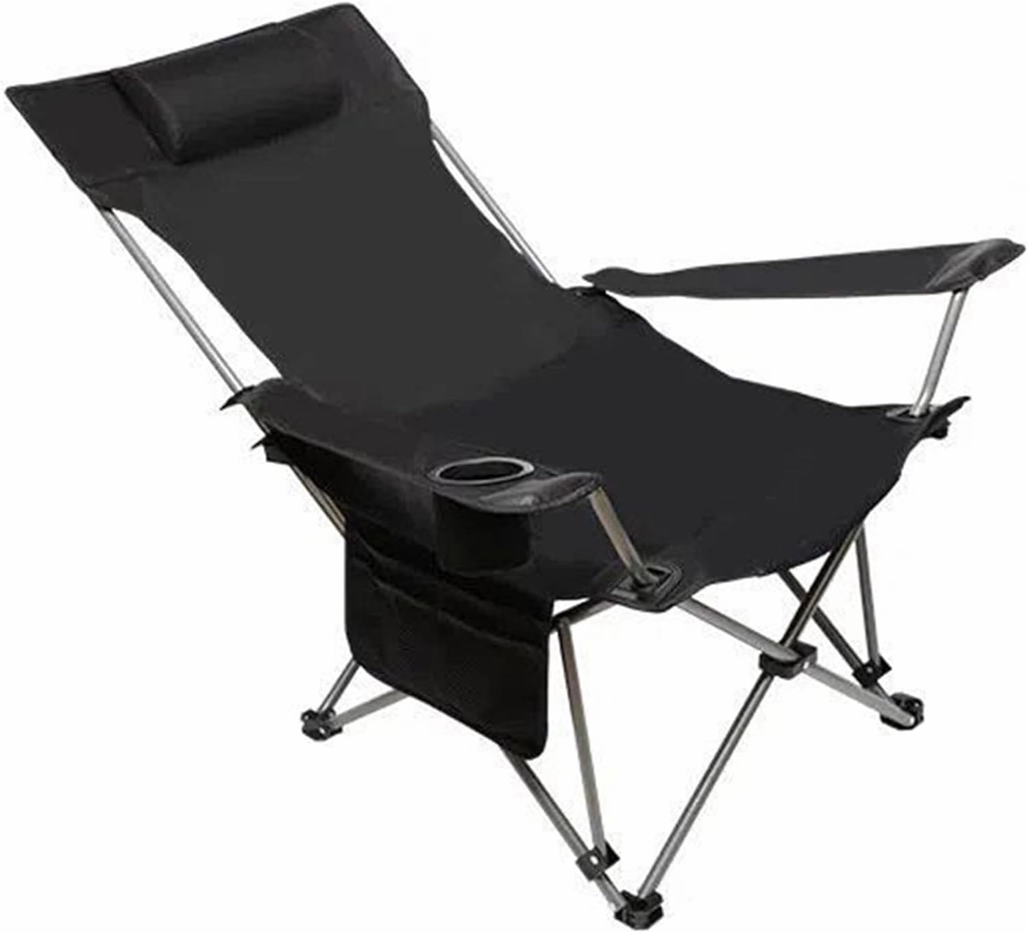 Portable Beach Chair, Folding Lounge Chair, Heavy Duty Lay Flat Tanning Chair with High Backrest, Headrest, Side Pocket and Cup Holder, Lightweight Comfortable Outdoor Chair, Black