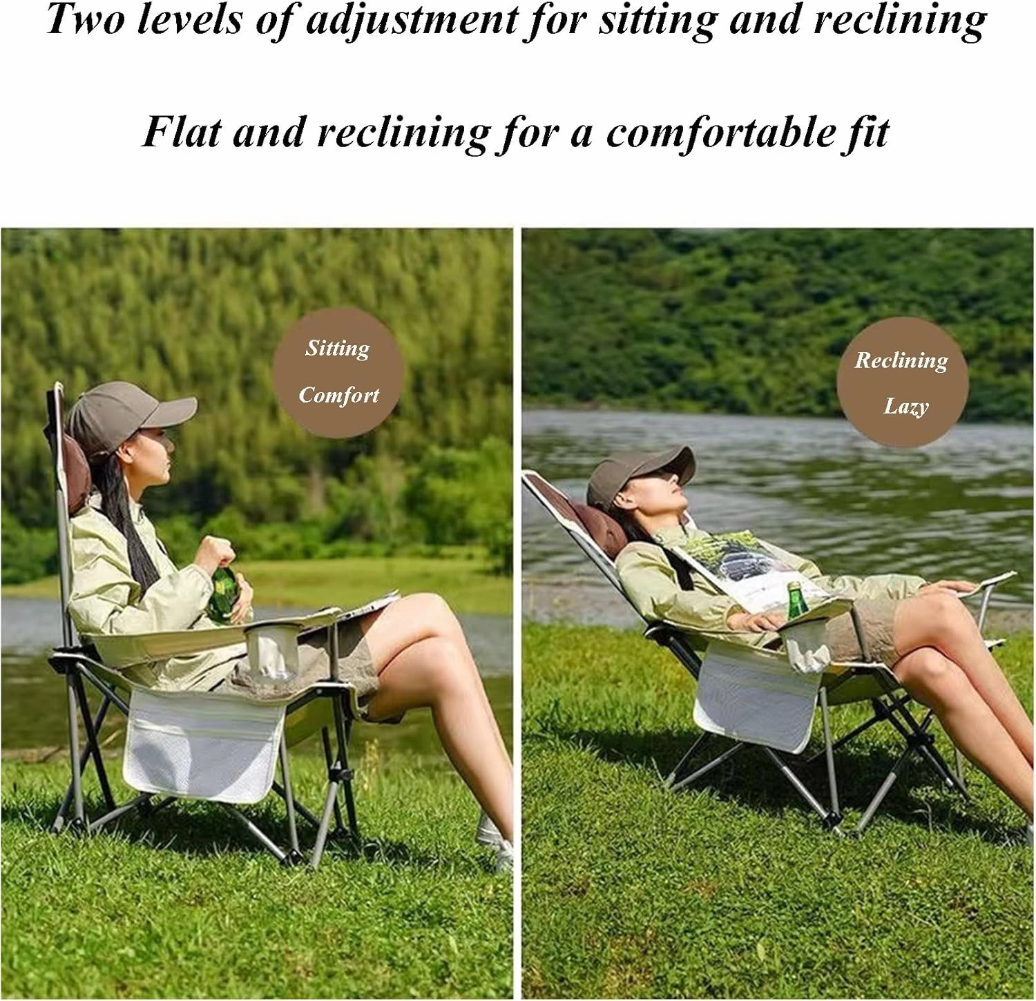 Portable Beach Chair, Folding Lounge Chair, Heavy Duty Lay Flat Tanning Chair with High Backrest, Headrest, Side Pocket and Cup Holder, Lightweight Comfortable Outdoor Chair, Black