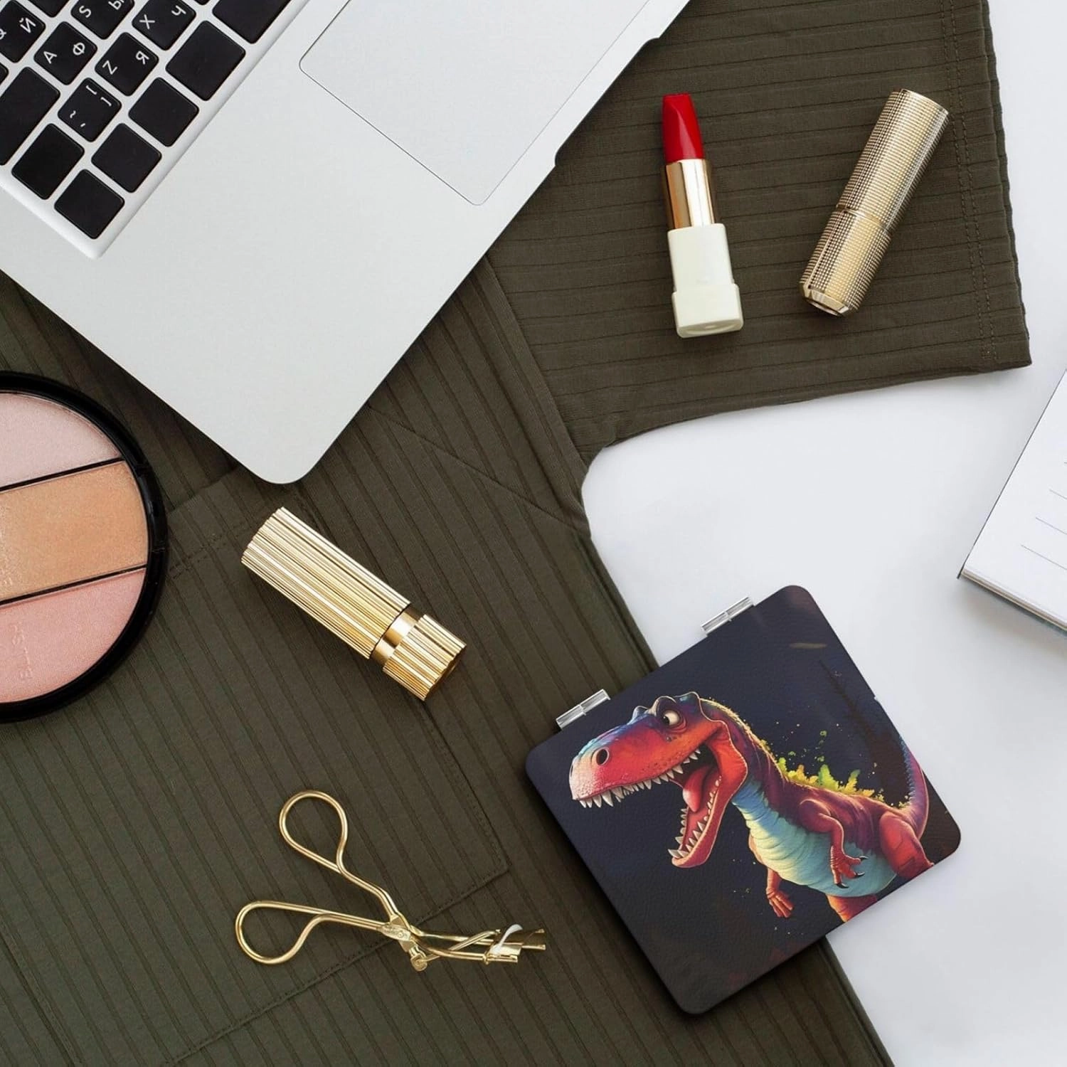 Portable Pocket Makeup Mirror Big-mouthed Dinosaur Travel Cosmetic Mirror Square Print Magnifying Compact Mirror for Eyelash