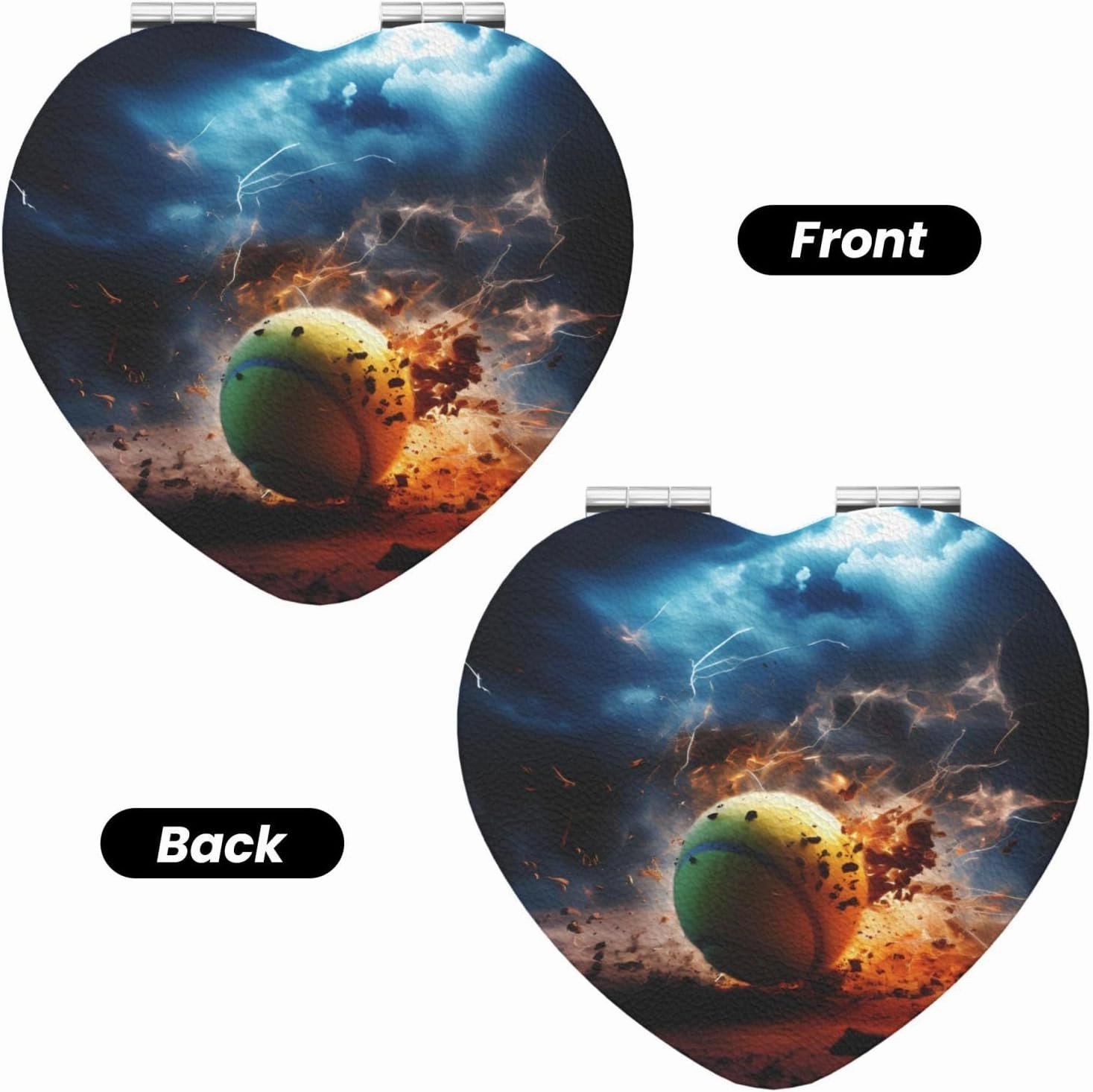 Portable Pocket Makeup Mirror Lightning Tennis Travel Cosmetic Mirror Heart Shape Print Magnifying Compact Mirror for Eyelash