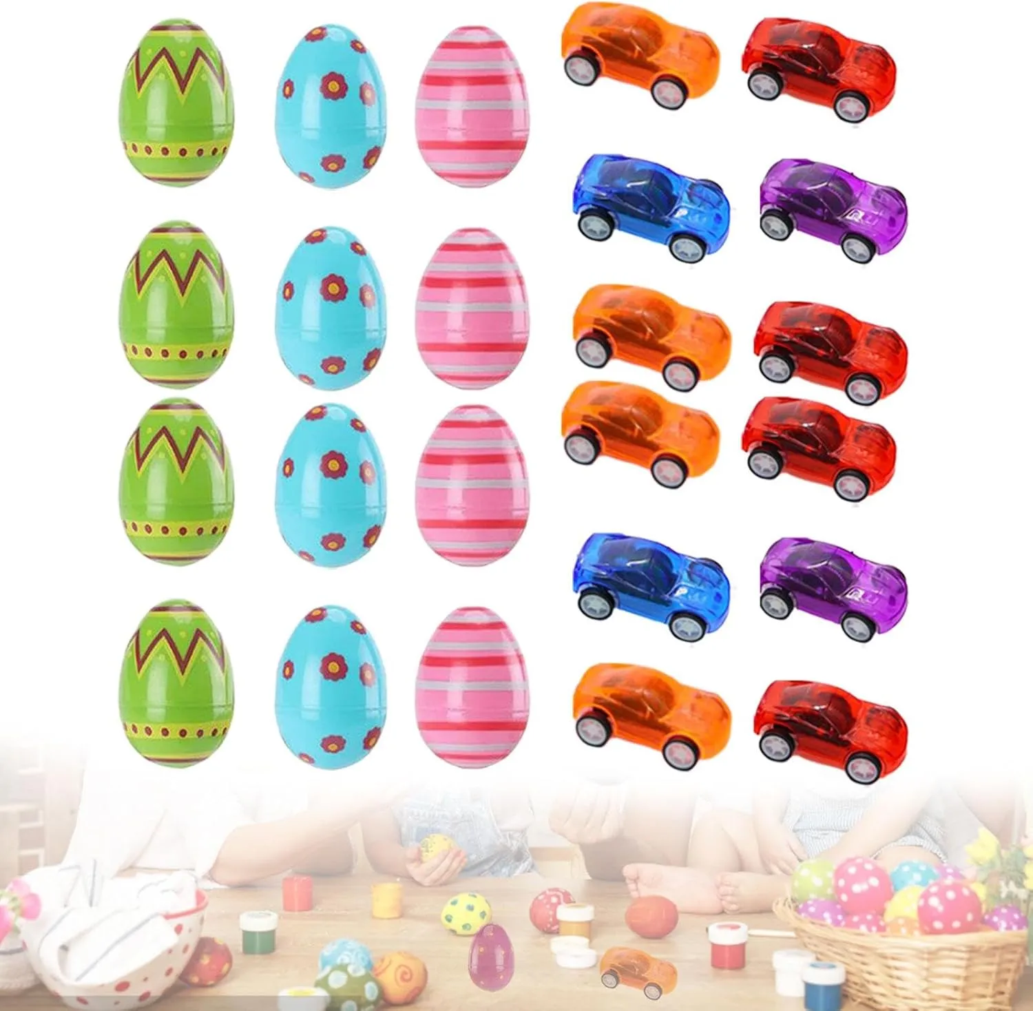 Prefilled Easter Eggs with Toy Inside, Easter Basket Stuffers, Kids Gifts Creative Filled Easter Egg, 24pcs Toy Car