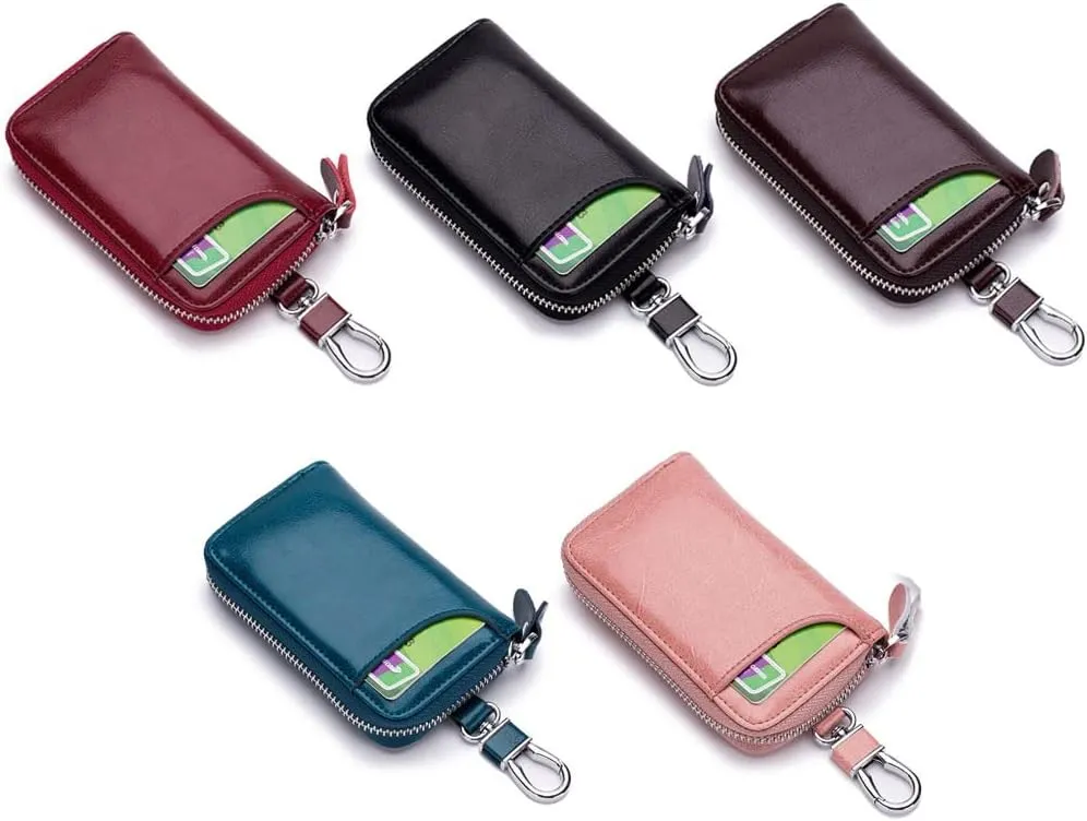 Premium Leather Car Key Case Mini Car Key Holder Keyring Zipper Bag Keychain Case Wallet Purse Unisex (Pink)