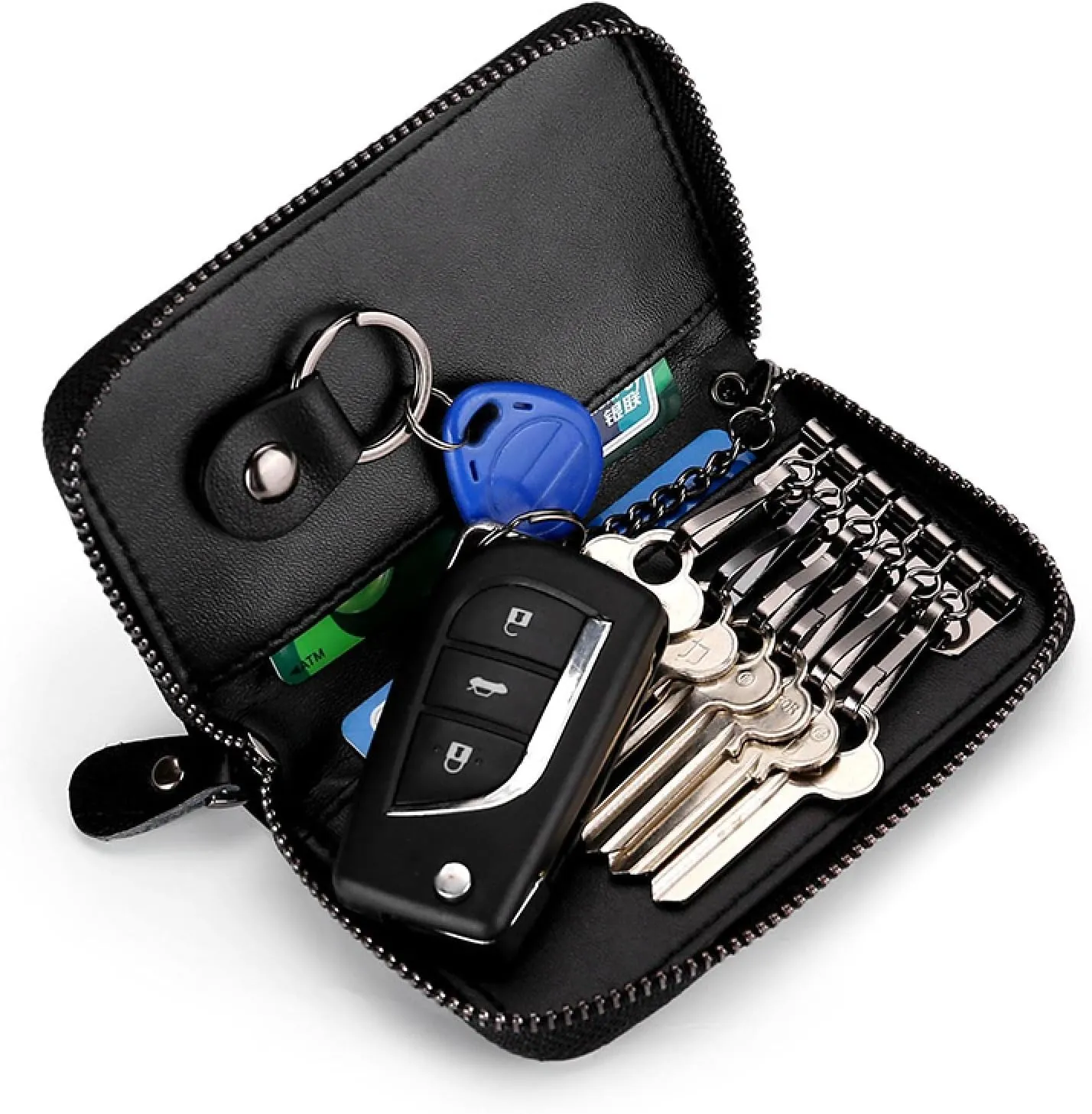 Premium Leather Car Key Case Mini Car Key Holder Keyring Zipper Bag Keychain Case Wallet Purse Unisex (Pink)
