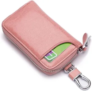 Premium Leather Car Key Case Mini Car Key Holder Keyring Zipper Bag Keychain Case Wallet Purse Unisex (Pink)