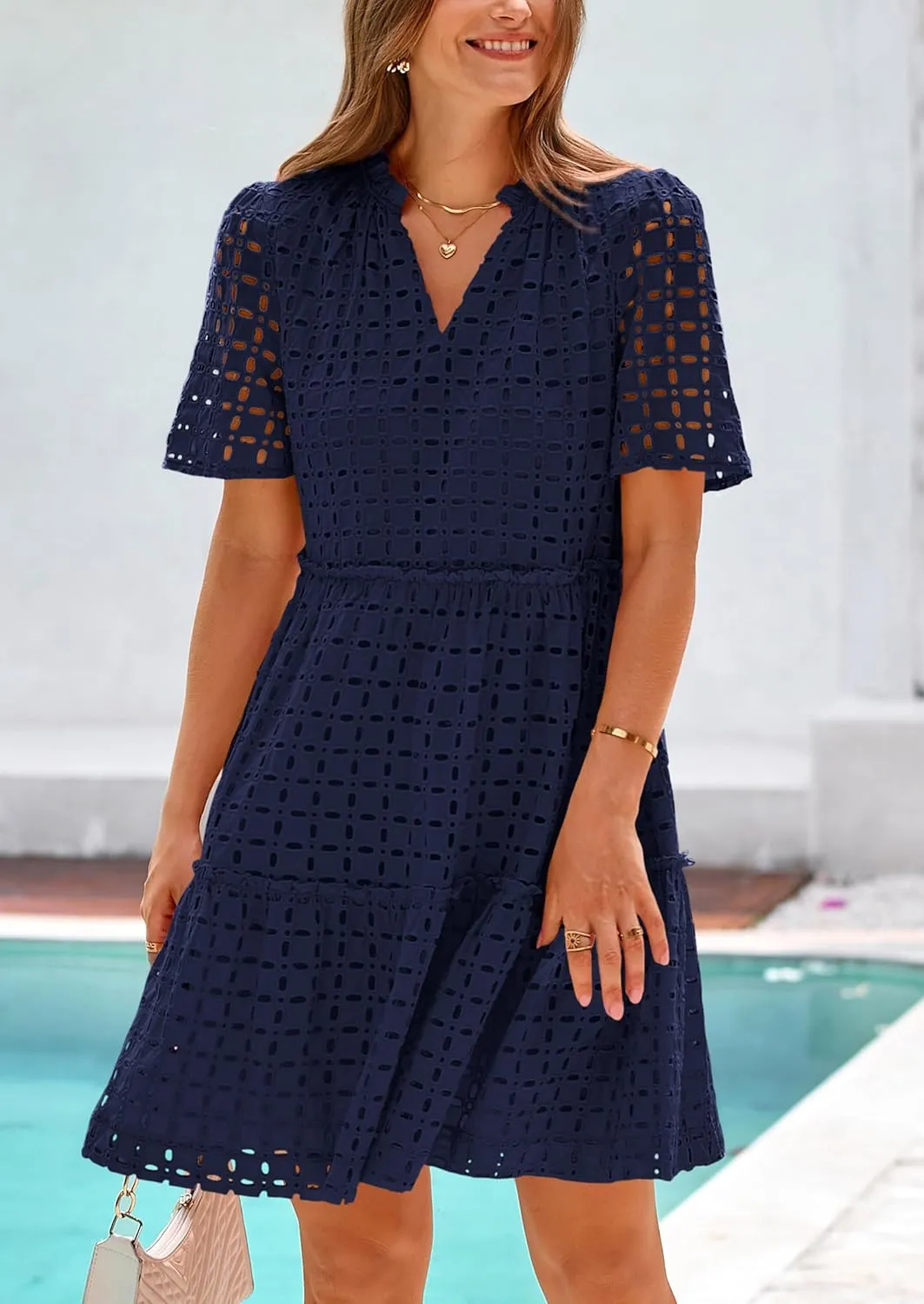 PRETTYGARDEN Summer Dresses for Women 2025 V Neck Hollow Out Eyelet Ruffle A Line Swing Short Beach Vacation Dress