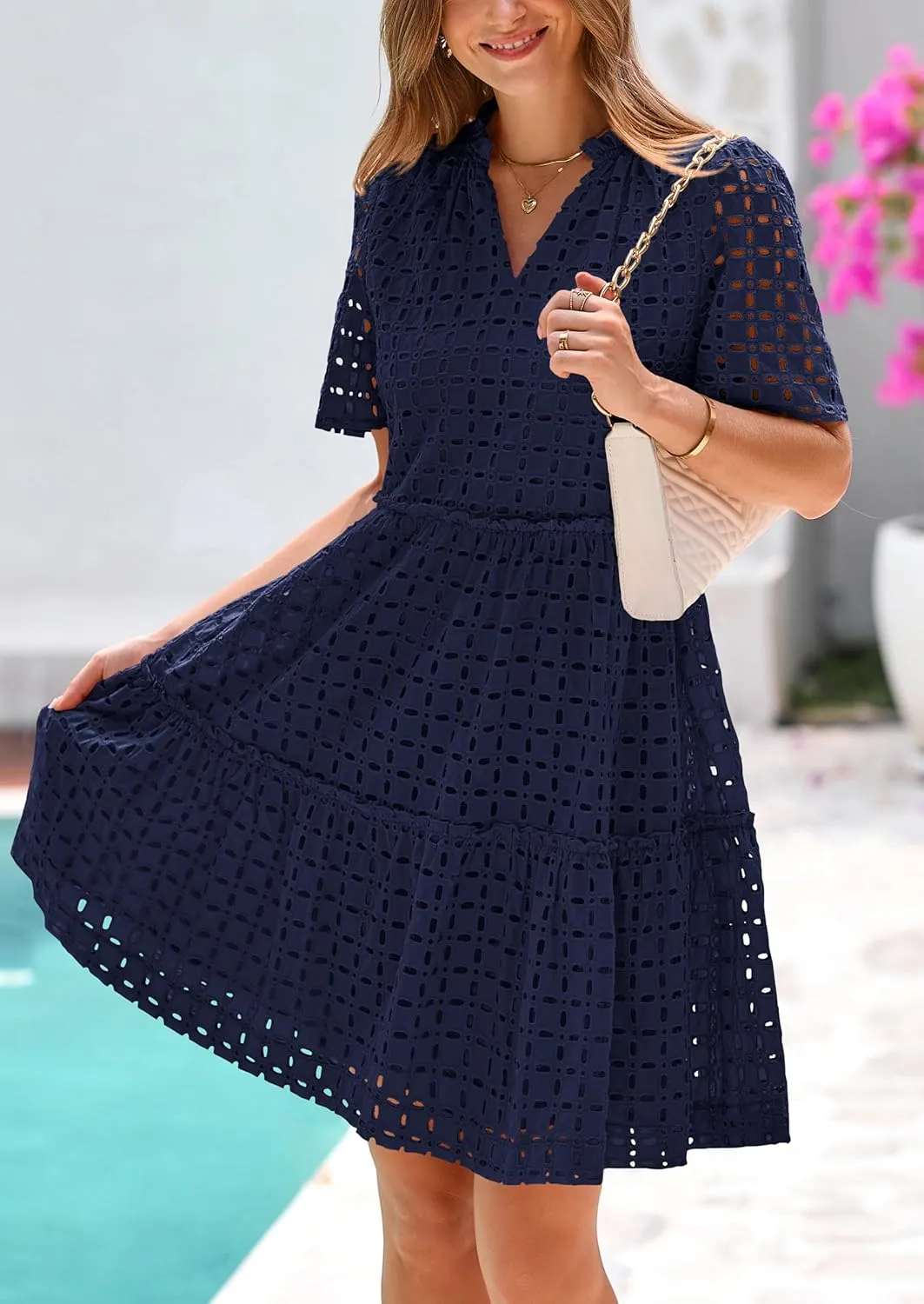 PRETTYGARDEN Summer Dresses for Women 2025 V Neck Hollow Out Eyelet Ruffle A Line Swing Short Beach Vacation Dress
