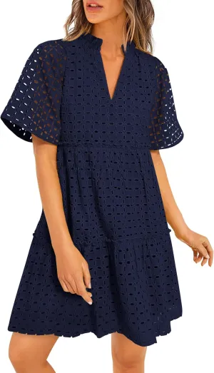 PRETTYGARDEN Summer Dresses for Women 2025 V Neck Hollow Out Eyelet Ruffle A Line Swing Short Beach Vacation Dress