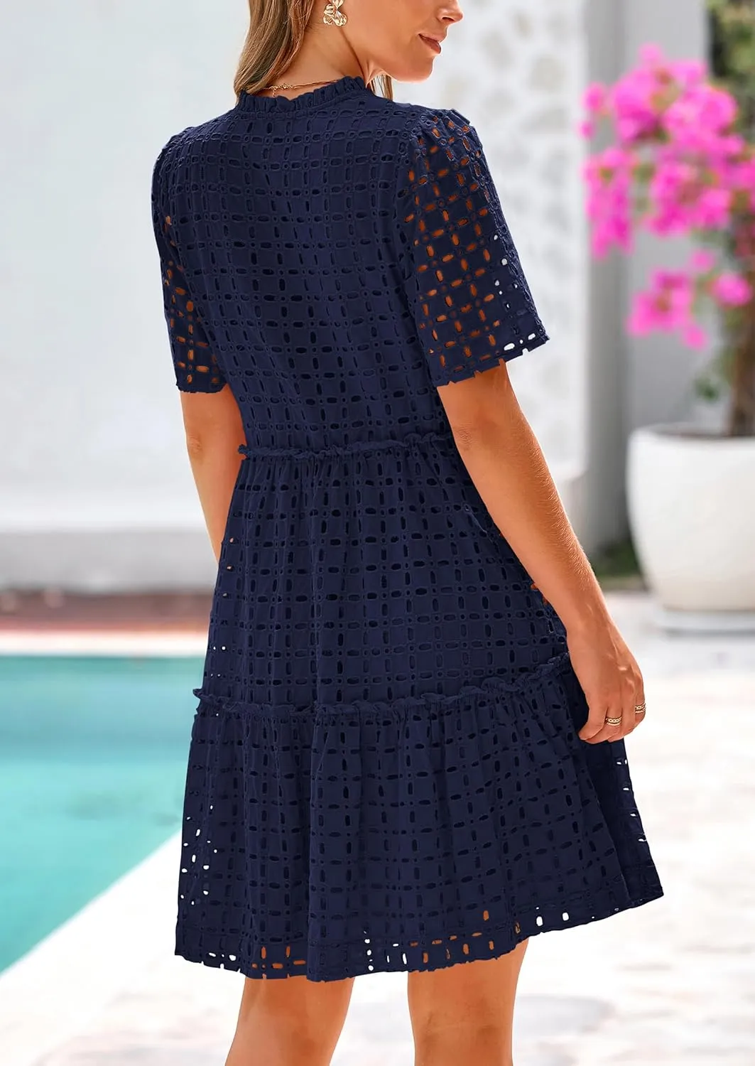 PRETTYGARDEN Summer Dresses for Women 2025 V Neck Hollow Out Eyelet Ruffle A Line Swing Short Beach Vacation Dress