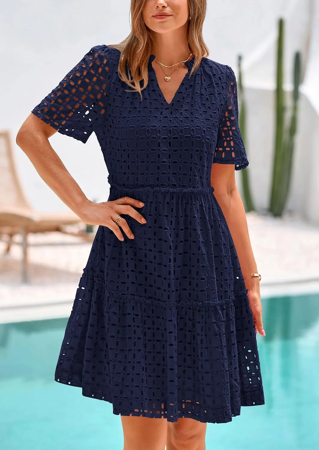 PRETTYGARDEN Summer Dresses for Women 2025 V Neck Hollow Out Eyelet Ruffle A Line Swing Short Beach Vacation Dress