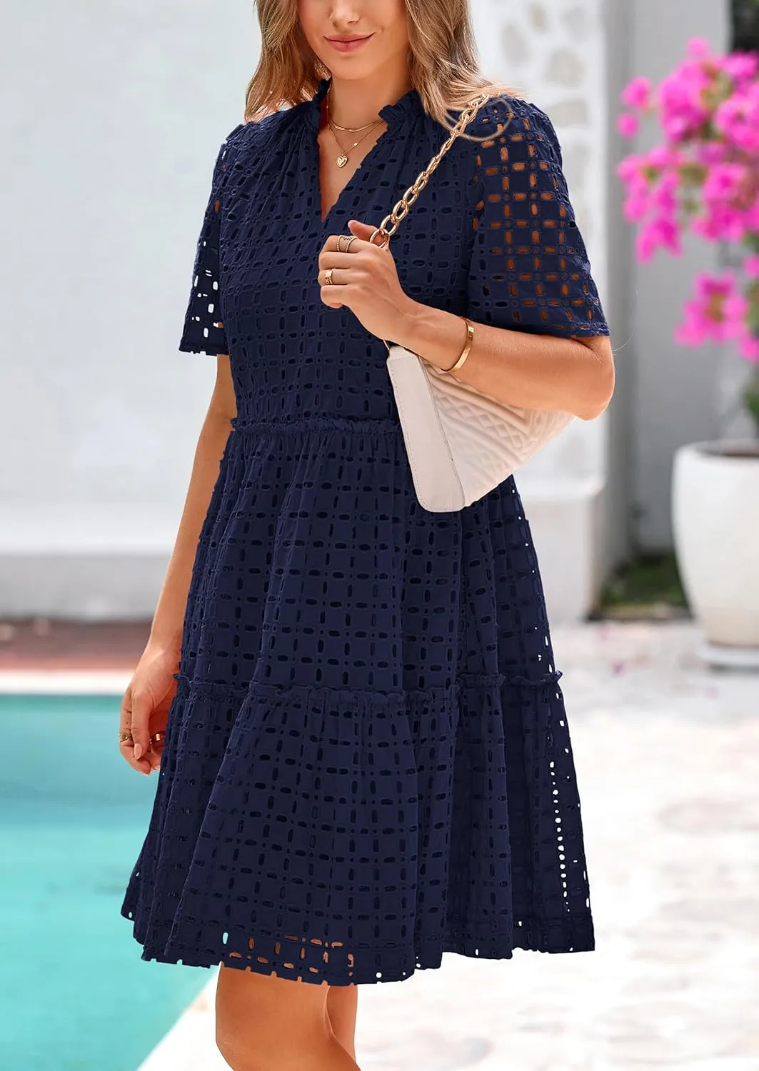 PRETTYGARDEN Summer Dresses for Women 2025 V Neck Hollow Out Eyelet Ruffle A Line Swing Short Beach Vacation Dress