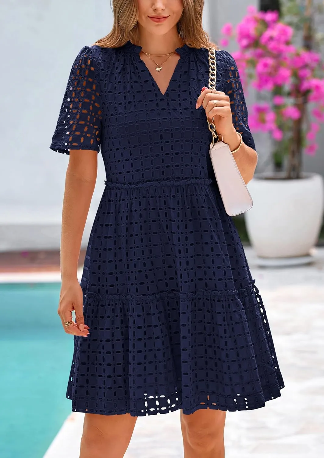 PRETTYGARDEN Summer Dresses for Women 2025 V Neck Hollow Out Eyelet Ruffle A Line Swing Short Beach Vacation Dress