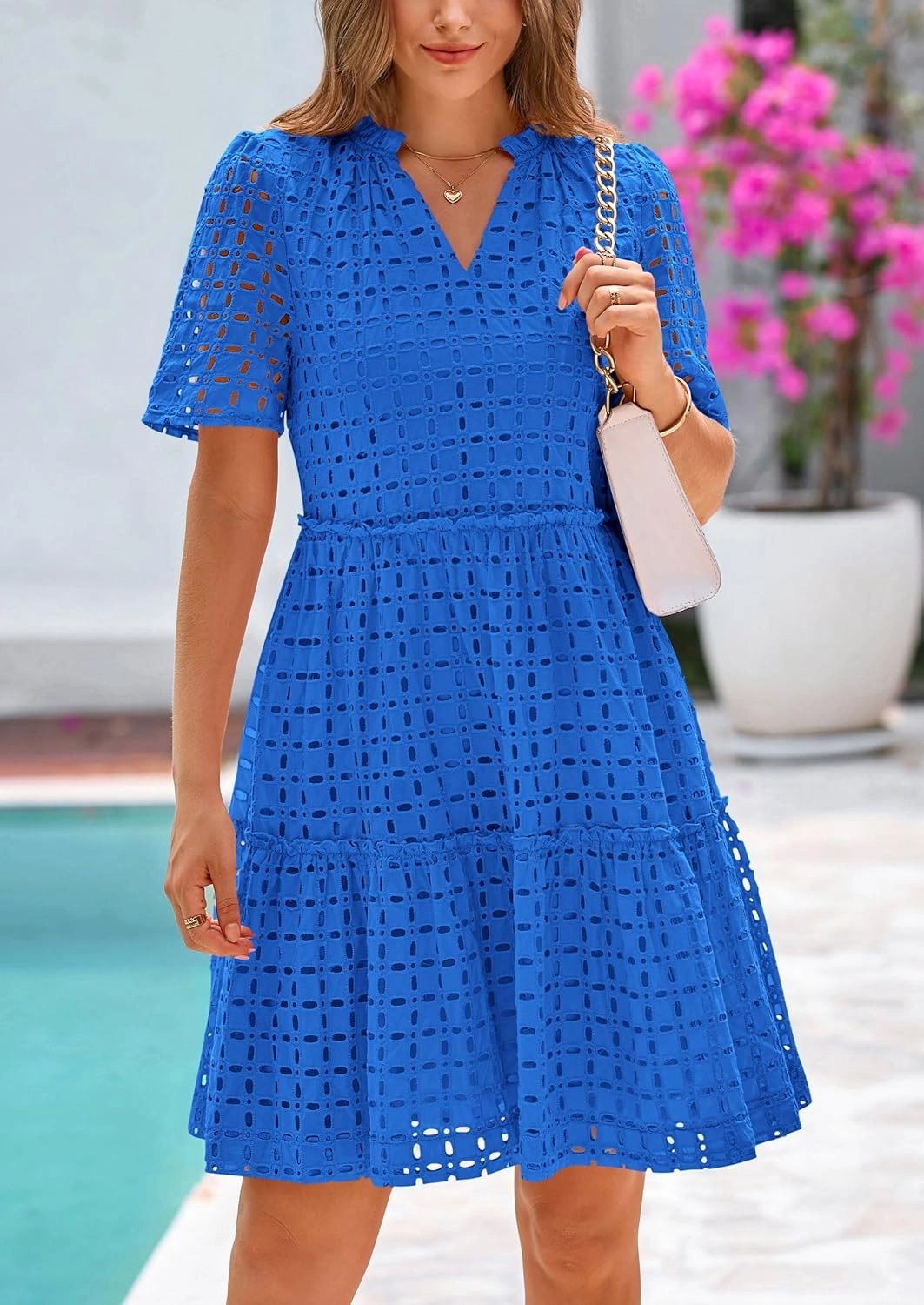 PRETTYGARDEN Summer Dresses for Women 2025 V Neck Hollow Out Eyelet Ruffle A Line Swing Short Beach Vacation Dress