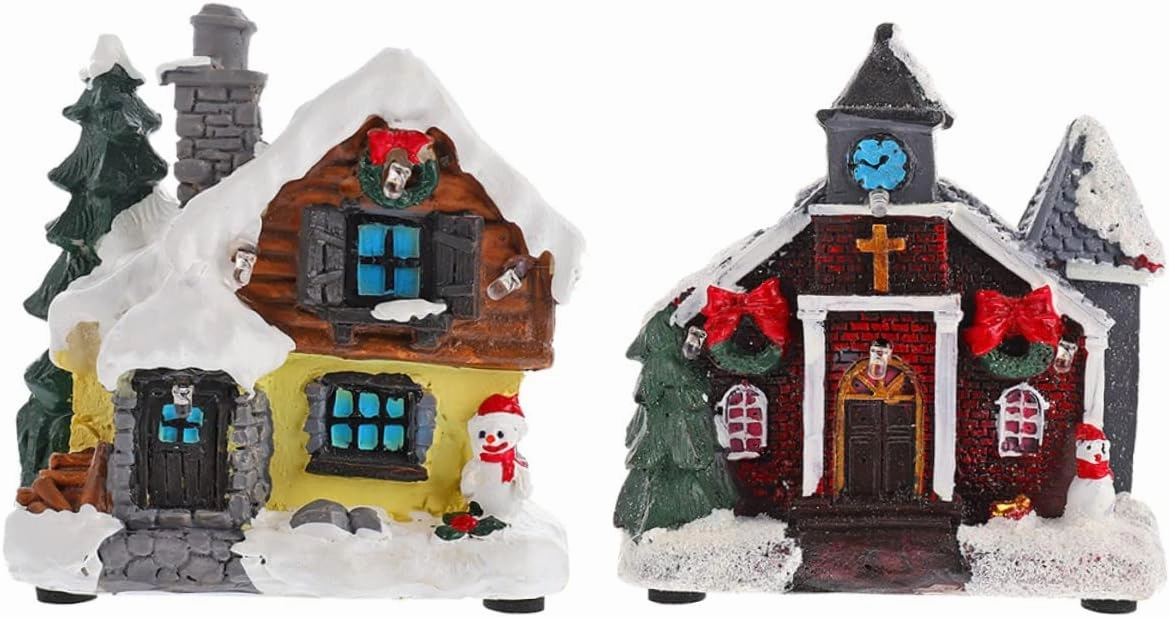PRETYZOOM Led Resin Christmas Ornament Mini House 2 Pack Micro Landscape Accessory for Mini Garden Decorations