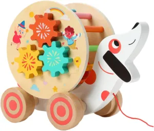 Push and Pull Along Toy Walking Wooden Toy Indoor and Outdoor,Shape Matching,Building Blocks for Kids Gifts, Puppy