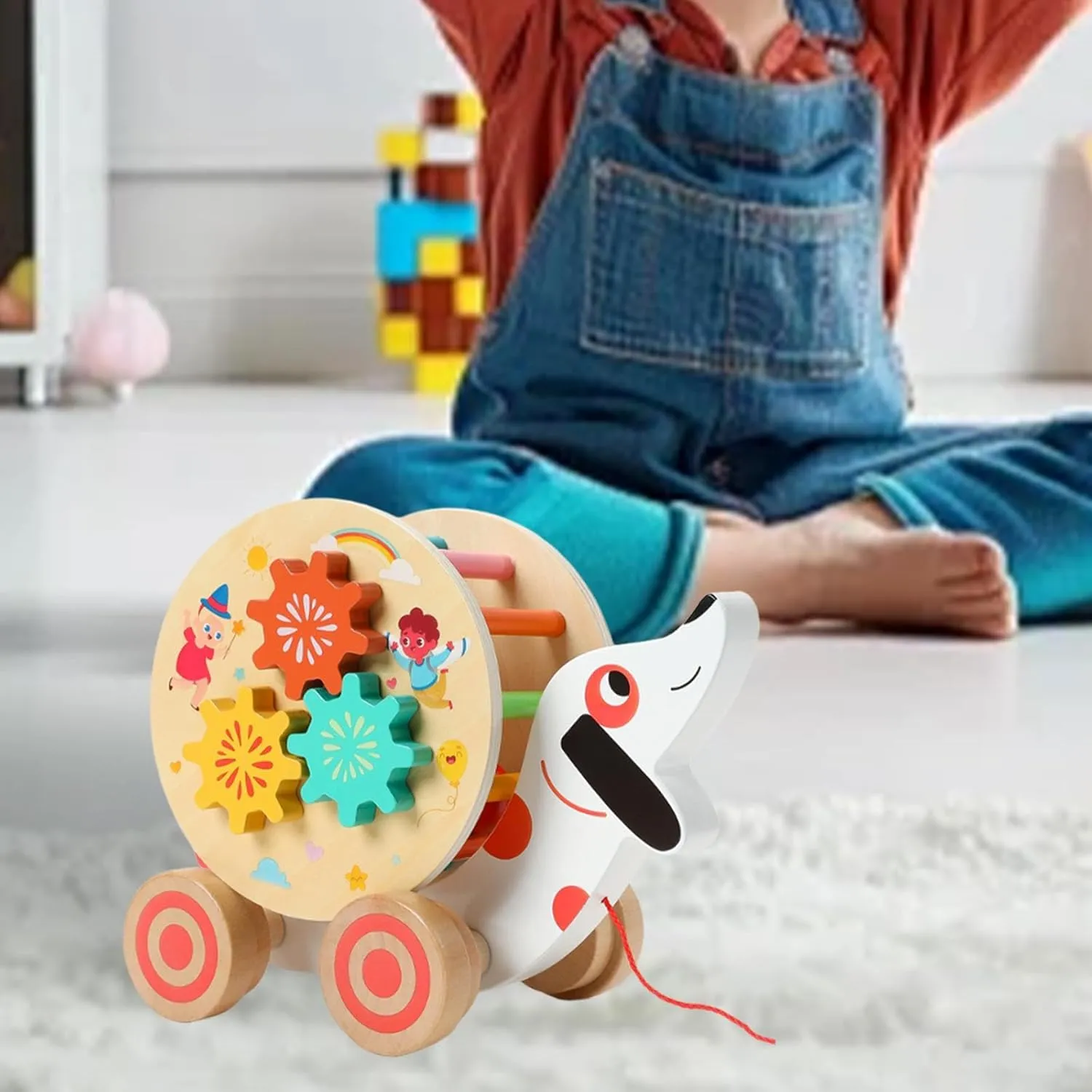 Push and Pull Along Toy Walking Wooden Toy Indoor and Outdoor,Shape Matching,Building Blocks for Kids Gifts, Puppy