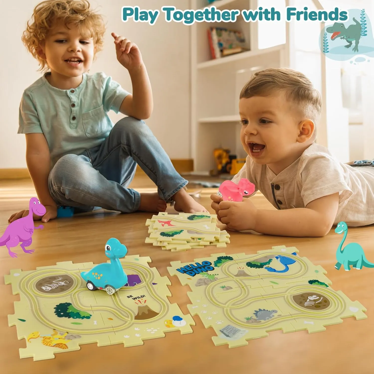 Puzzle Racer Kids Car Track Set with 2 Dino Cars, Kids Toys for 3-5 Year Old Boys, Montessori Toys for 3  Year Old
