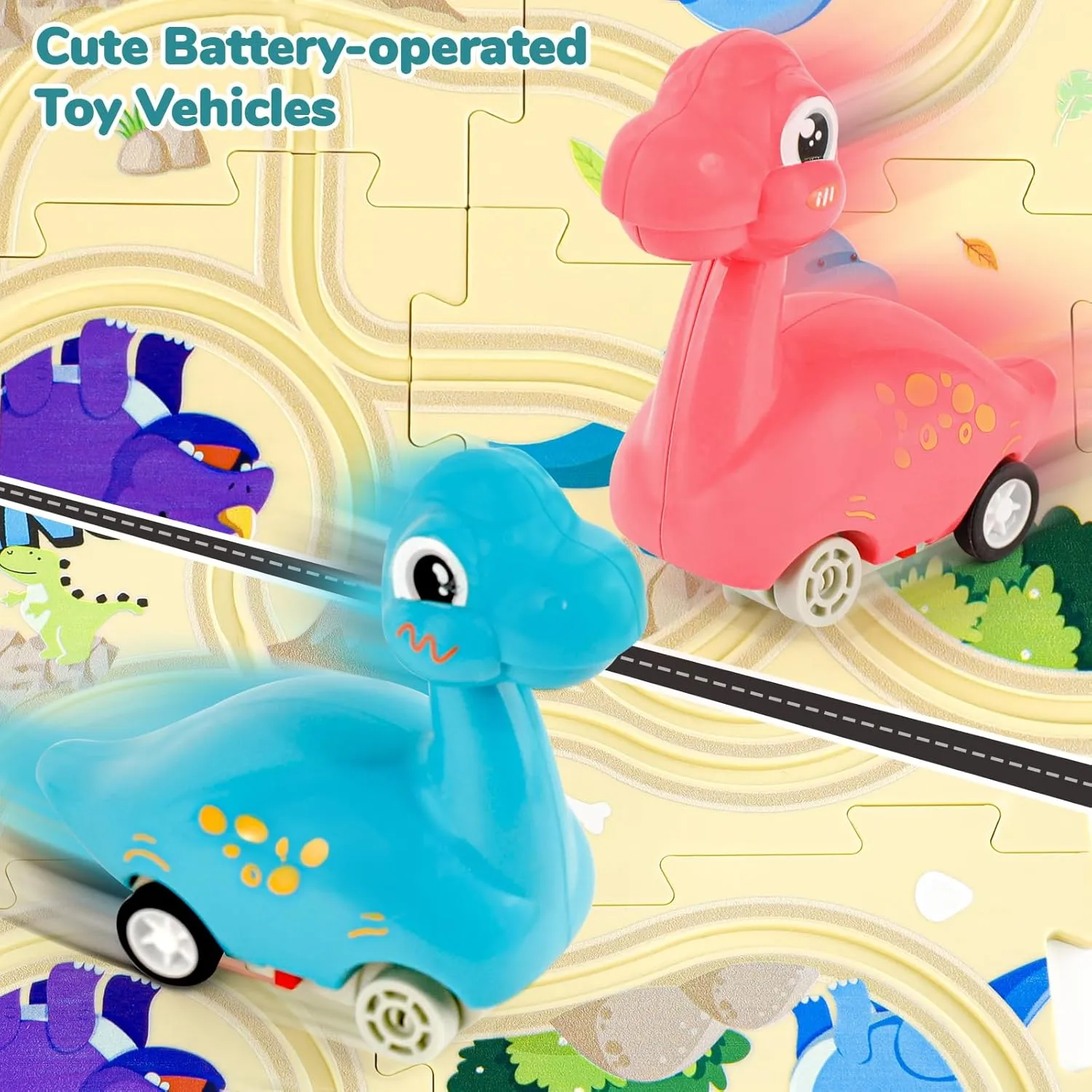 Puzzle Racer Kids Car Track Set with 2 Dino Cars, Kids Toys for 3-5 Year Old Boys, Montessori Toys for 3  Year Old