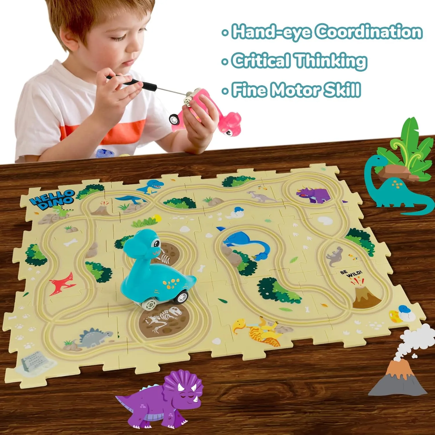 Puzzle Racer Kids Car Track Set with 2 Dino Cars, Kids Toys for 3-5 Year Old Boys, Montessori Toys for 3  Year Old