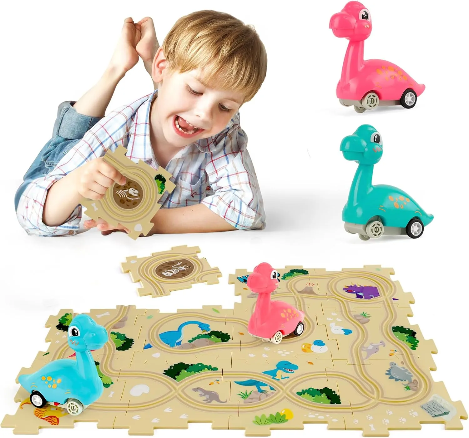 Puzzle Racer Kids Car Track Set with 2 Dino Cars, Kids Toys for 3-5 Year Old Boys, Montessori Toys for 3  Year Old