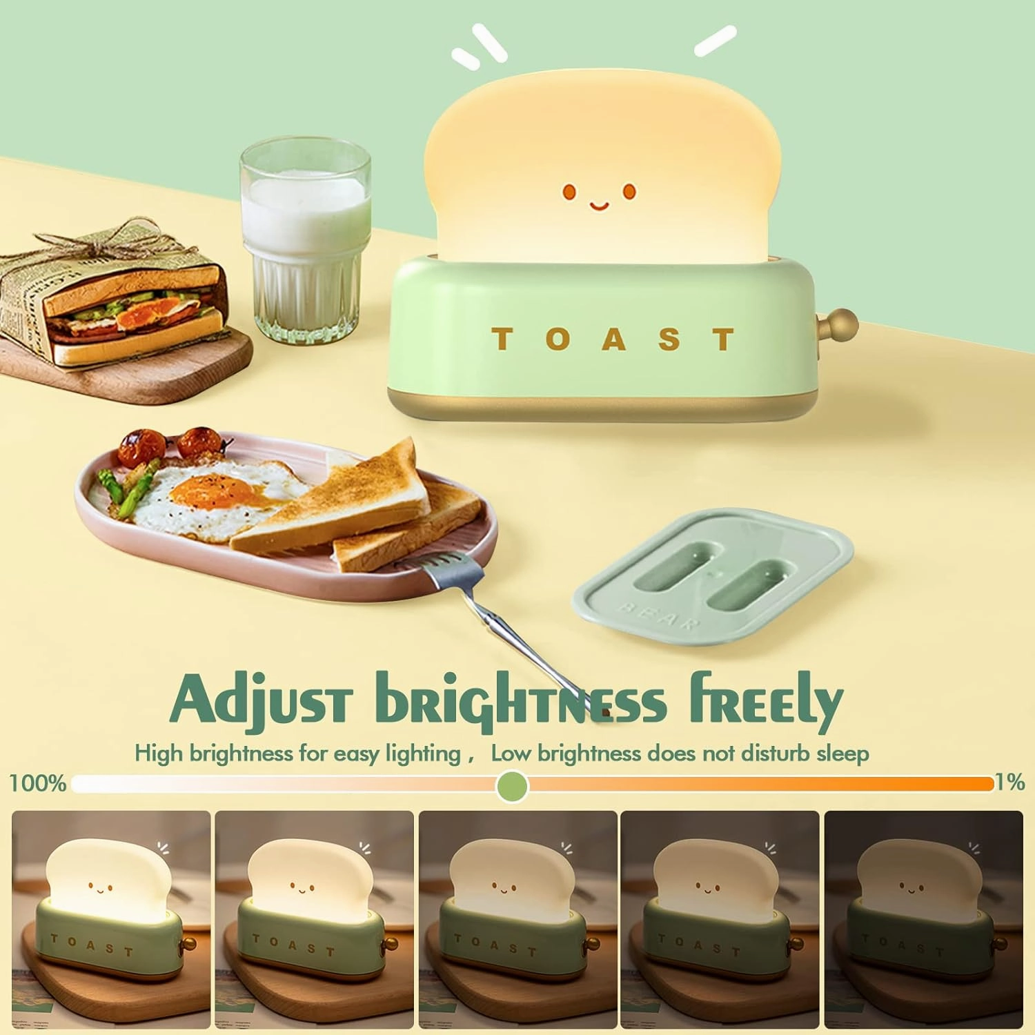 QANYI Desk Decor Toaster Lamp, Rechargeable Small Lamp with Smile Face Toast Bread Cute Toaster Shape Room Decor Night Light for Bedroom, Bedside, Living Room, Dining, Desk Decorations, Gift