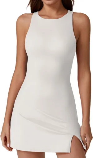 QINSEN Womens Crewneck Criss Cross Open Back Tennis Dress Sleeveless Built in Shorts Golf Athletic Dresses with Pockets
