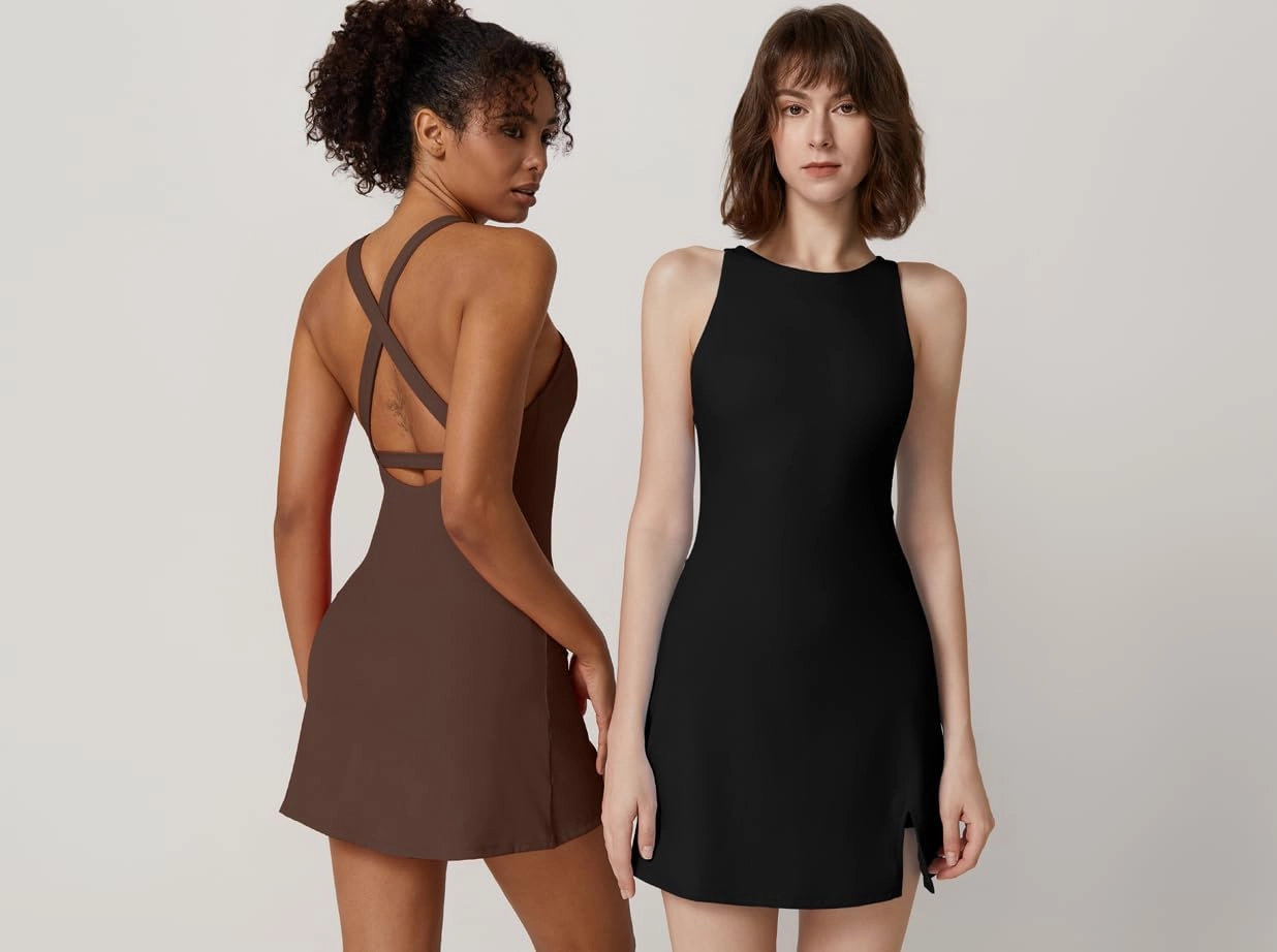 QINSEN Womens Crewneck Criss Cross Open Back Tennis Dress Sleeveless Built in Shorts Golf Athletic Dresses with Pockets