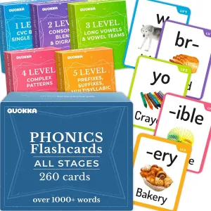 QUOKKA 1000  Phonics Words Flash Cards for Kids Ages 4-8 – 20 Reading Stages – 260 Card Games for Kids Ages 3-5 and 6-8 – Learn to Read Games & Phonics Manipulatives for Complete Phonemic Awareness