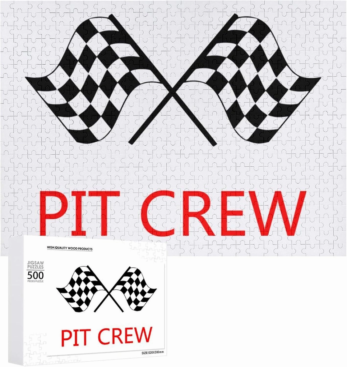 Racing Car Pit Crew Checkered Flag Funny Jigsaw Puzzle Printed Wooden Puzzle Printed Pictures Wall Art Decor for Living Room Chrismtas Gifts