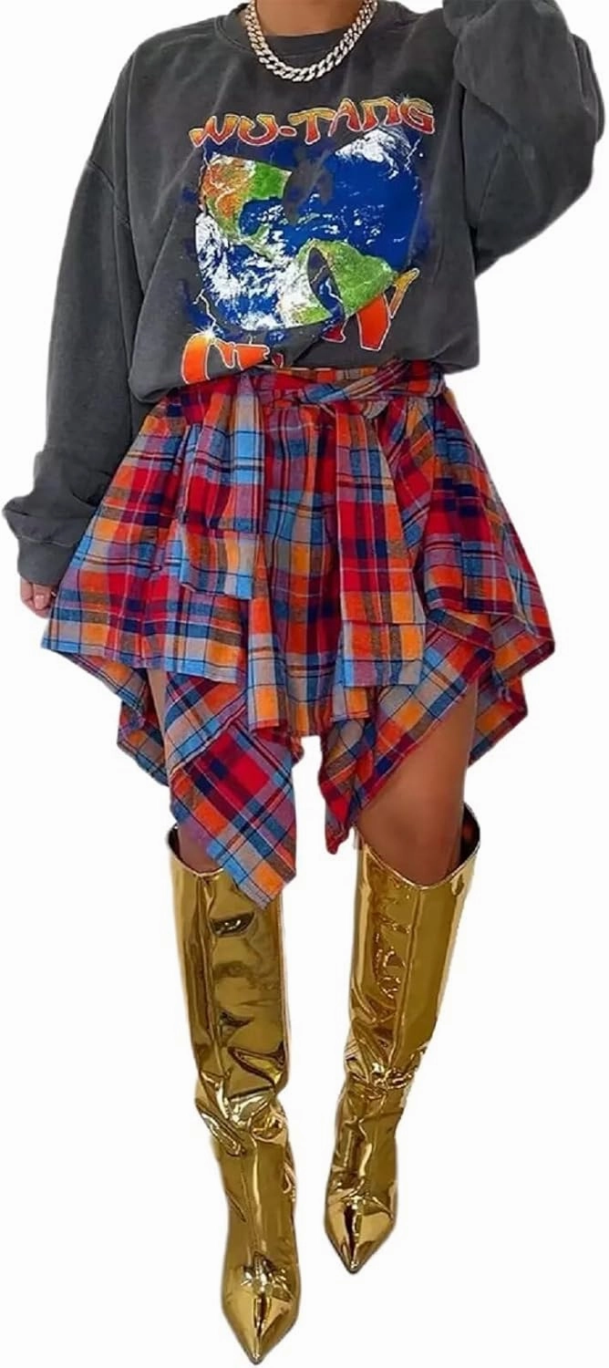 RAMOUG Summer Knot Skirts for Women Plaid Asymmetrical Hem High Waist Y2K Mini Short Skirt