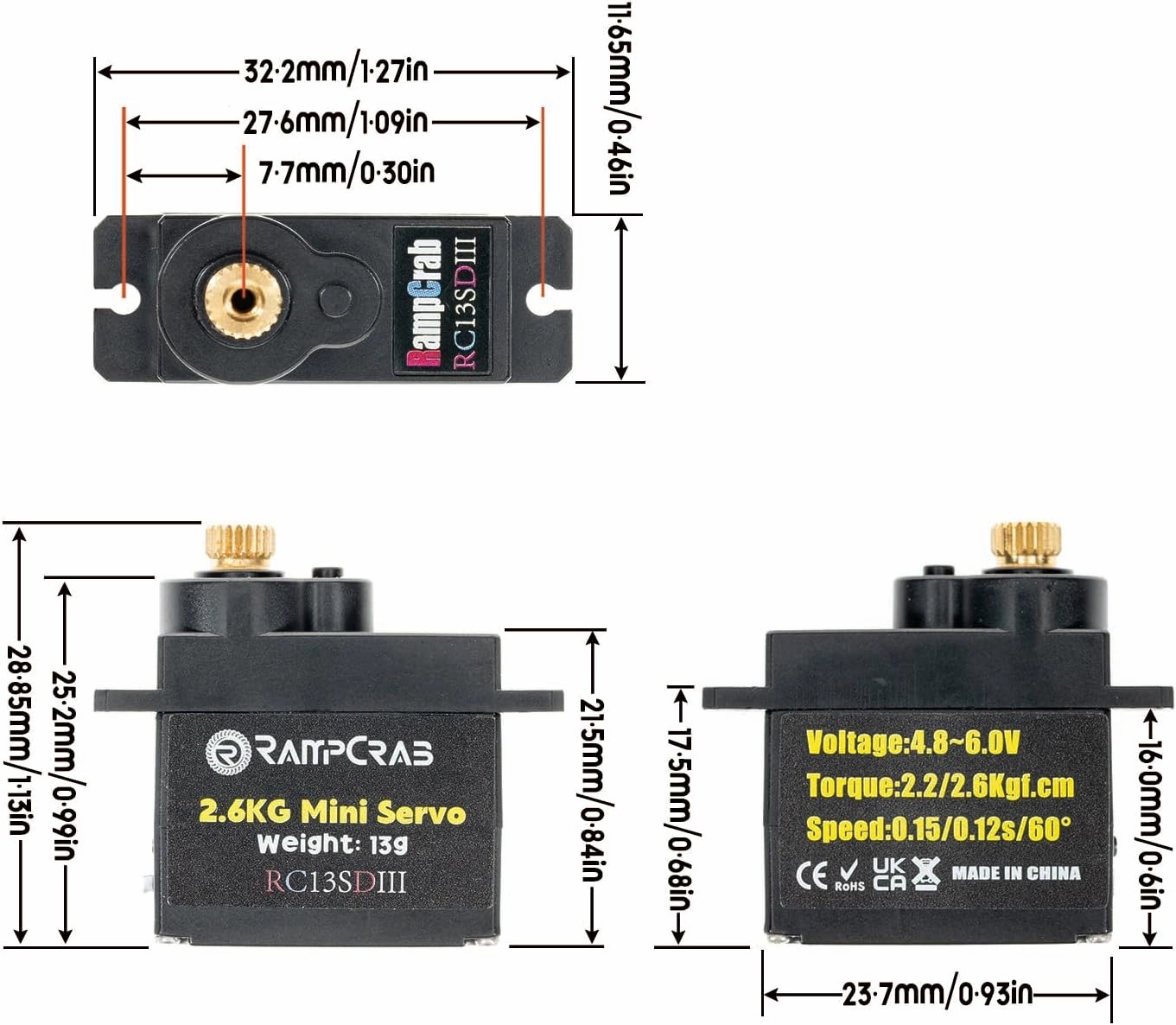 RampCrab Steering Servo with Servo Horn for AX24 SCX24 RC Car, Upgrade Parts for Axial SCX24, AX24, Red Horn, 2 Sets