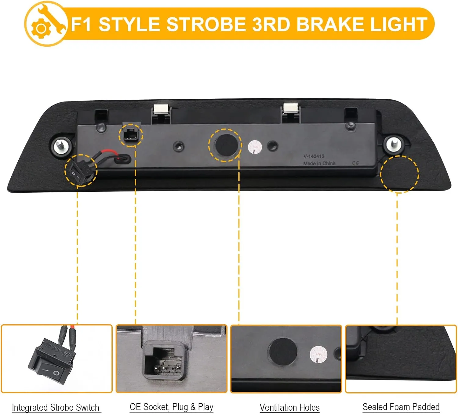 R&F Auto Smoked Lens Strobe LED 3rd Third Brake Light Replacement for Tacoma 2016-2023 Limited SR SR5 TRD Off-Road TRD Pro Sport Roof Cargo Lights Pickup High Mount Stop Lamp (For Double Cab ONLY)