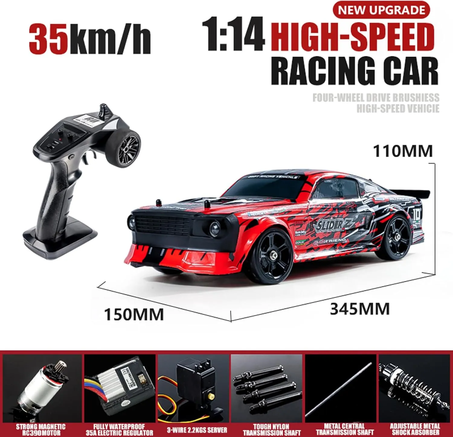 RC Drift Car - 1/14 Scale Race Car with LED Lights, 2.4G 4WD High Speed Drifting, 35KM/H, Proportional Throttle, 2 Batteries, Birthday Gifts for Kids