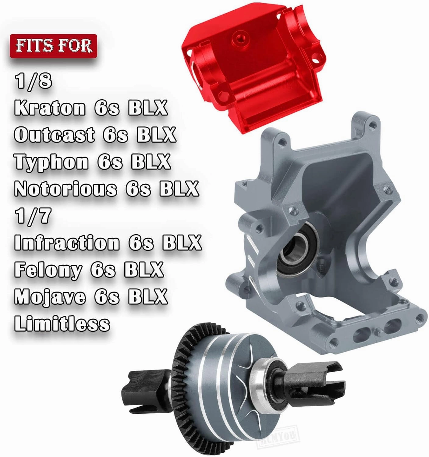 RC Aluminum Gearbox Case & Diff Gear 43T/13T Upgrades Part for 1/8 Kraton Outcast Typhon Notorious 6s BLX 1/7 Infraction Felony Mojave 6s BLX Limitless,Red