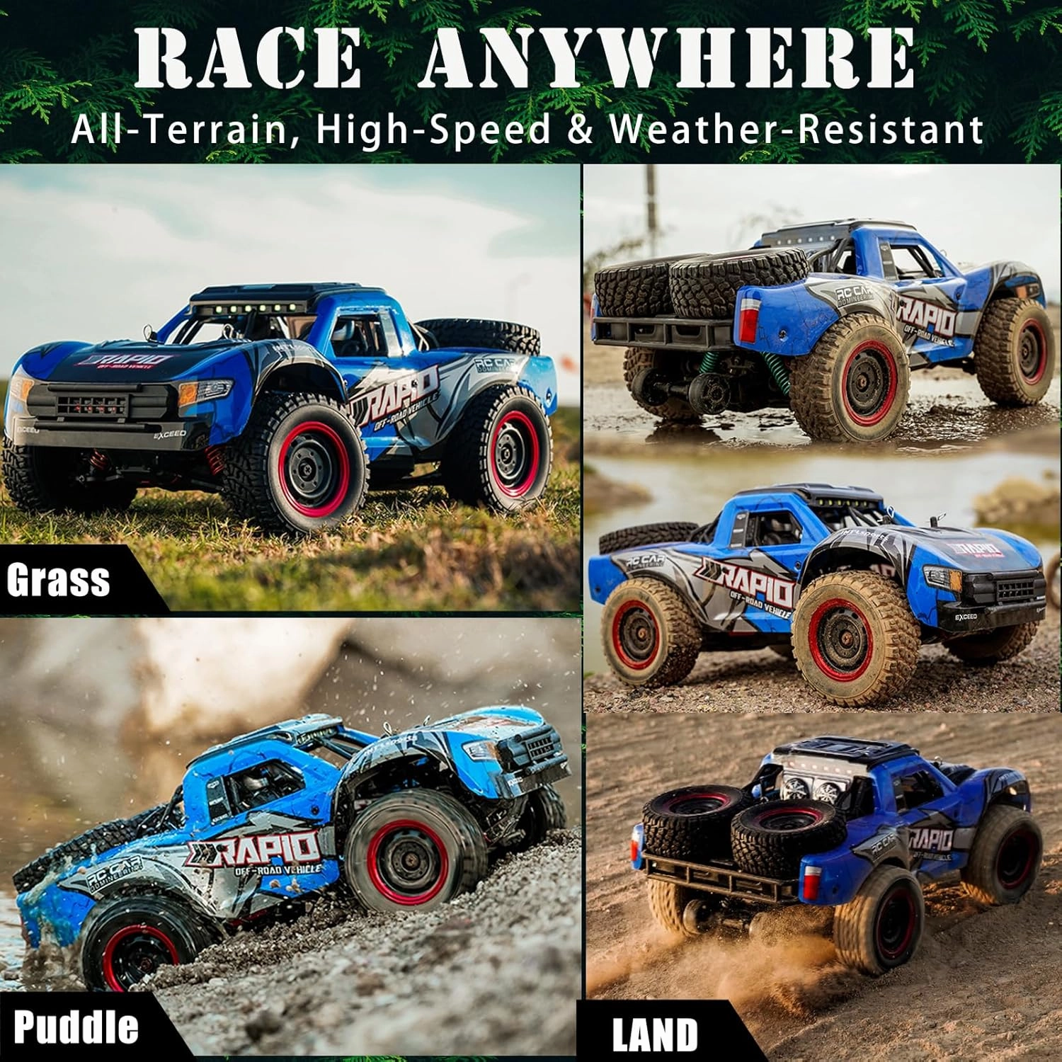 RC Cars 1:14 RC Truck 30 MPH 4WD Remote Control Car All Terrain Trophy Car for Adults Boys Toys Fast Off-Road RC Buggy Big Short Course Monster Truck with 2 Batteries (RTR)