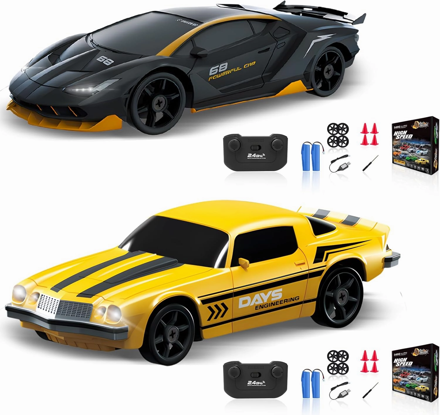 RC Cars Remote Control Car, 1/24 2.4GHz 4WD Drift Car High Speed RC Cars Racing Cars with Cool Lights, Two Rechargeable Batteries and Extra Tires Toy Car for Kids Boys Adults