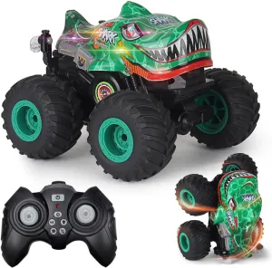Remote Control Car, 2.4Ghz All Terrain Dinosaur Monster Truck Toys, RC Truck with Music, 3 Lighting Effects, 360 Stunt Capable, All Included Ready to Run, Toy Gifts for Boys and Girls (Green)