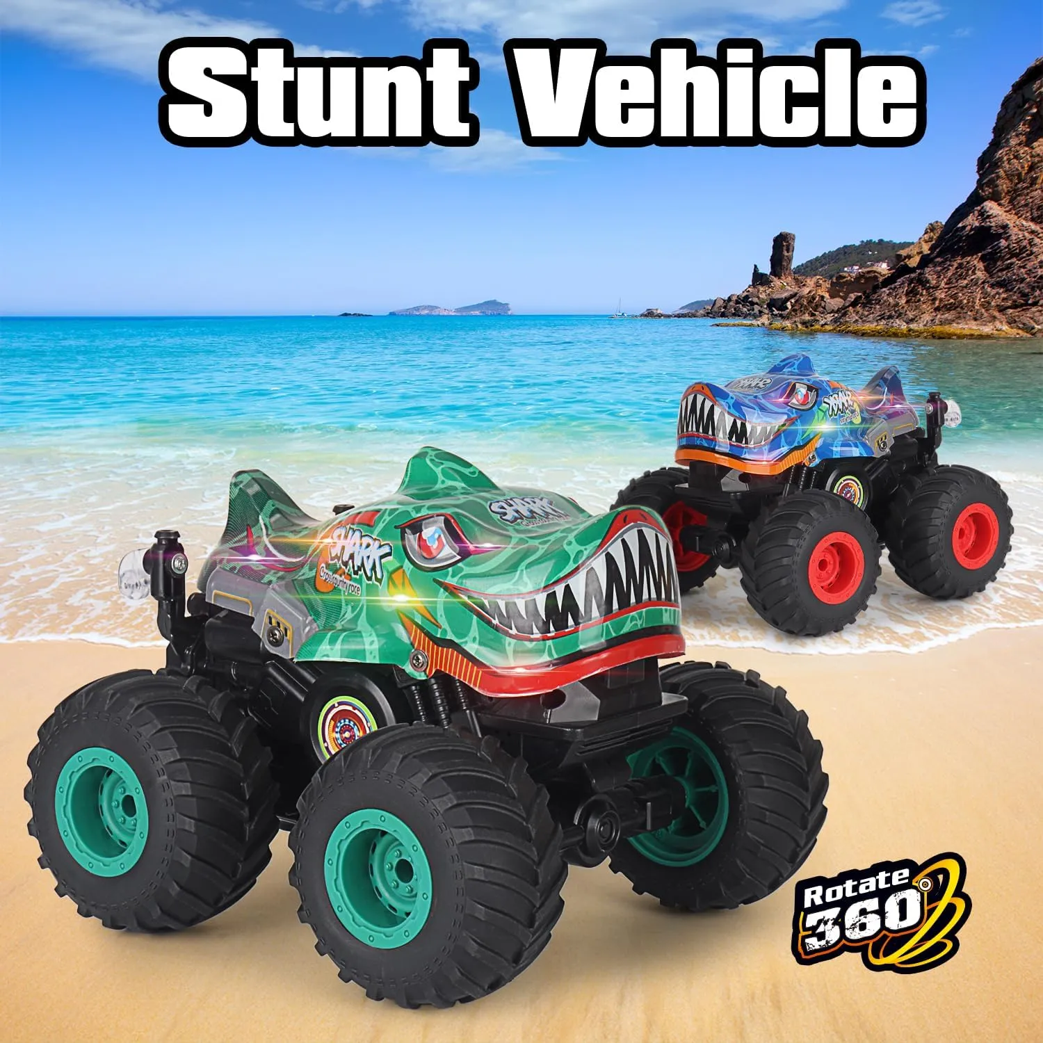 Remote Control Car, 2.4Ghz All Terrain Dinosaur Monster Truck Toys, RC Truck with Music, 3 Lighting Effects, 360 Stunt Capable, All Included Ready to Run, Toy Gifts for Boys and Girls (Green)