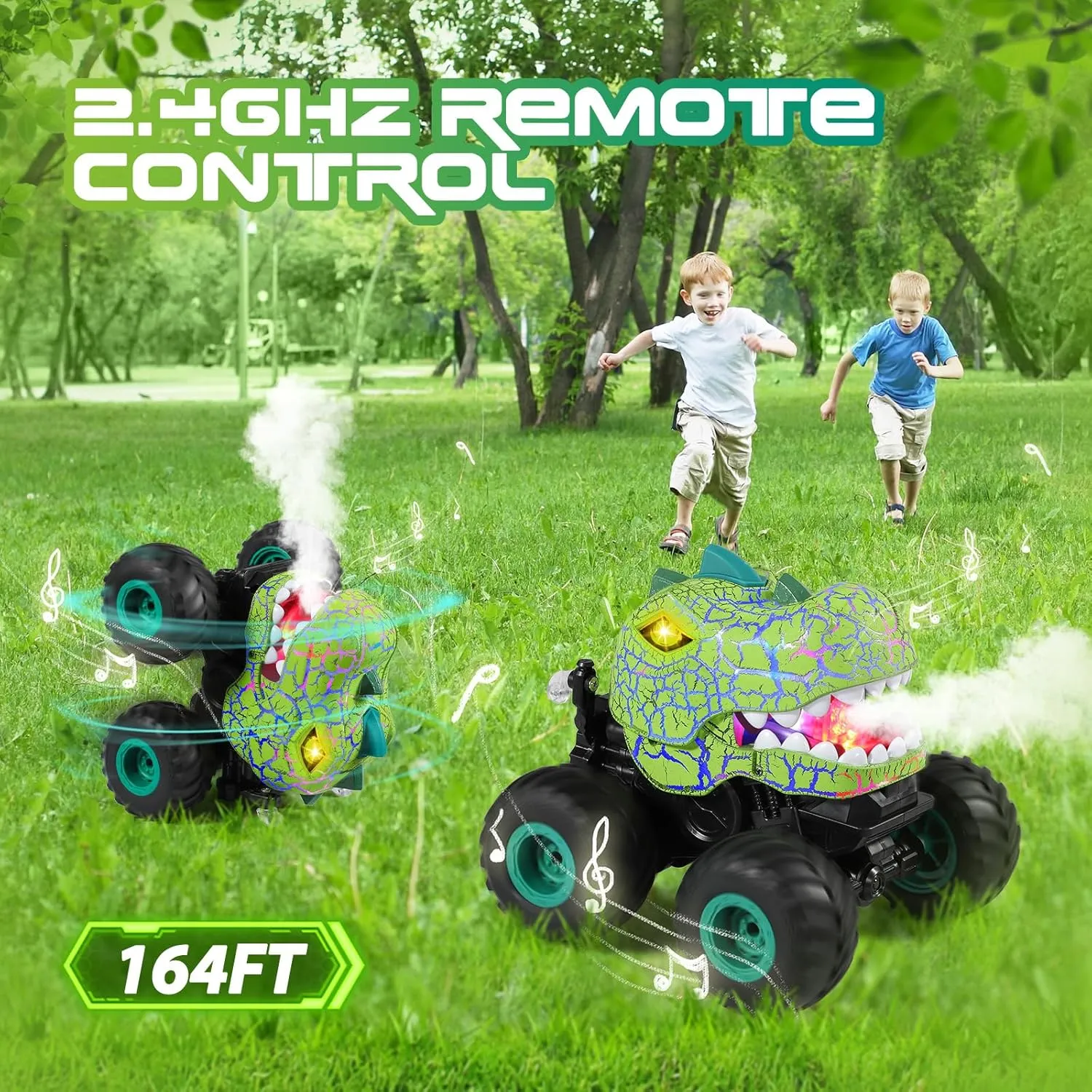 Remote Control Car, 2.4Ghz All Terrain Dinosaur Monster Truck Toys, RC Truck with Spay, Music, 3 Lighting Effects, Stunt Capable, Toy Gifts for Boys and Girls (Green)