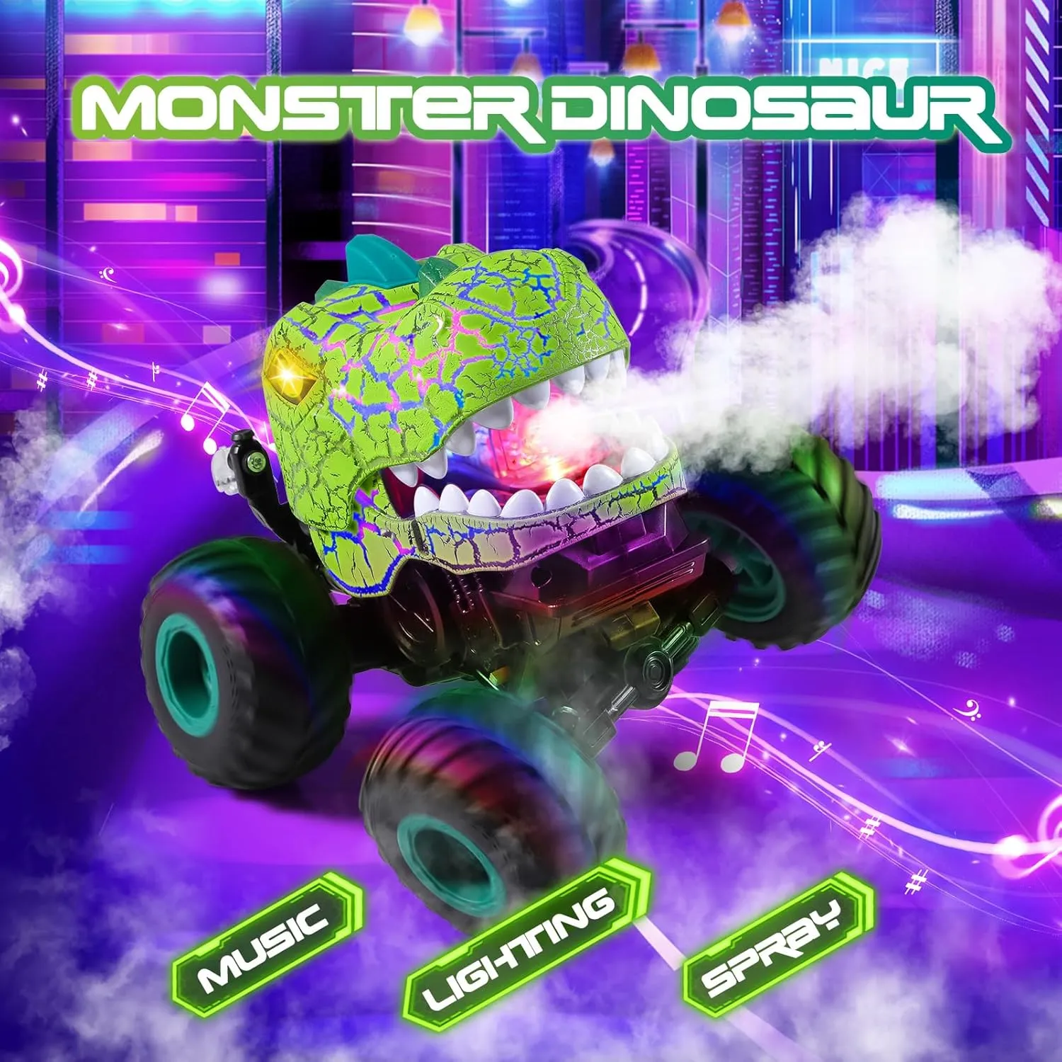 Remote Control Car, 2.4Ghz All Terrain Dinosaur Monster Truck Toys, RC Truck with Spay, Music, 3 Lighting Effects, Stunt Capable, Toy Gifts for Boys and Girls (Green)