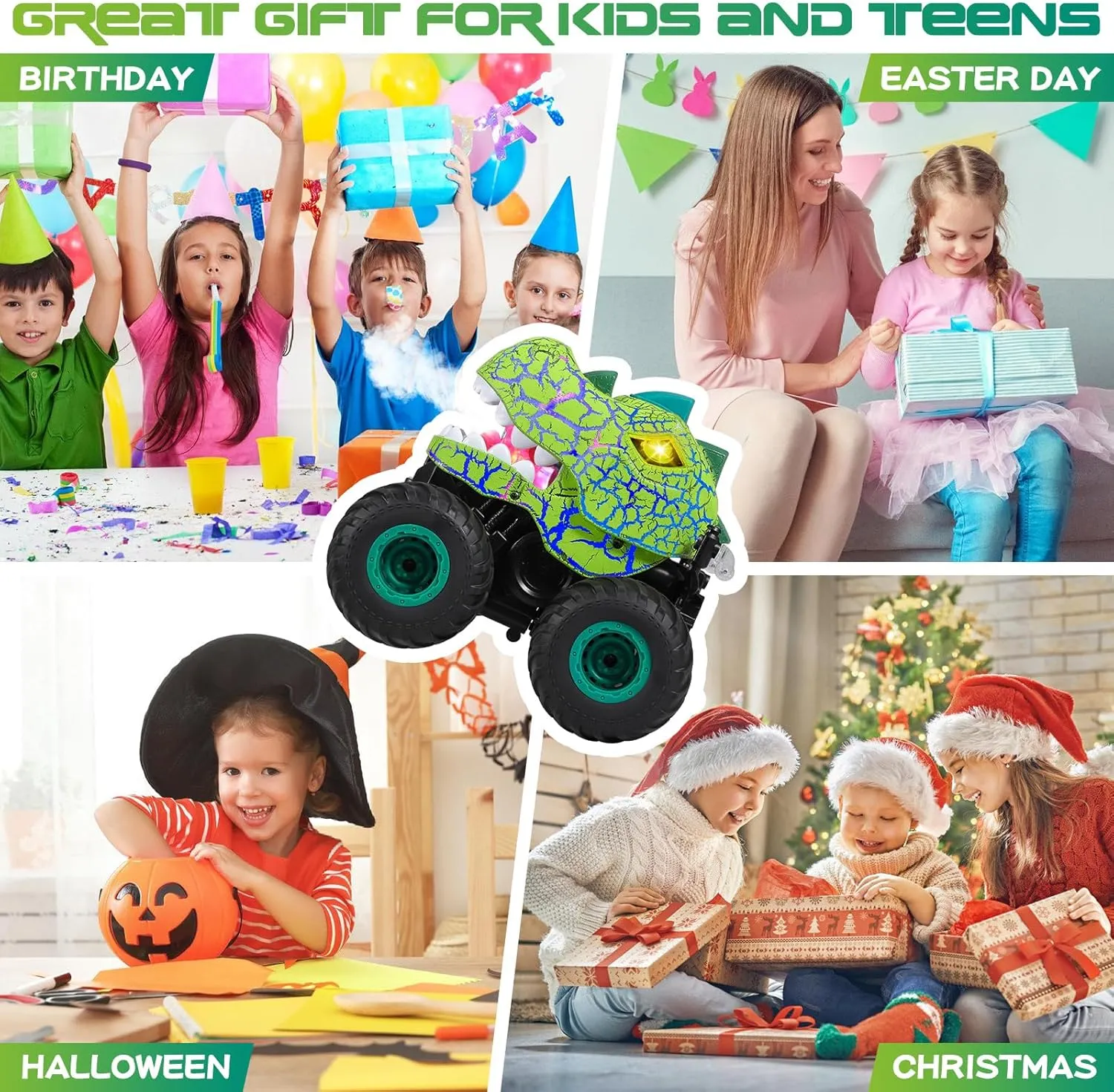 Remote Control Car, 2.4Ghz All Terrain Dinosaur Monster Truck Toys, RC Truck with Spay, Music, 3 Lighting Effects, Stunt Capable, Toy Gifts for Boys and Girls (Green)