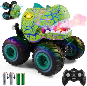 Remote Control Car, 2.4Ghz All Terrain Dinosaur Monster Truck Toys, RC Truck with Spay, Music, 3 Lighting Effects, Stunt Capable, Toy Gifts for Boys and Girls (Green)