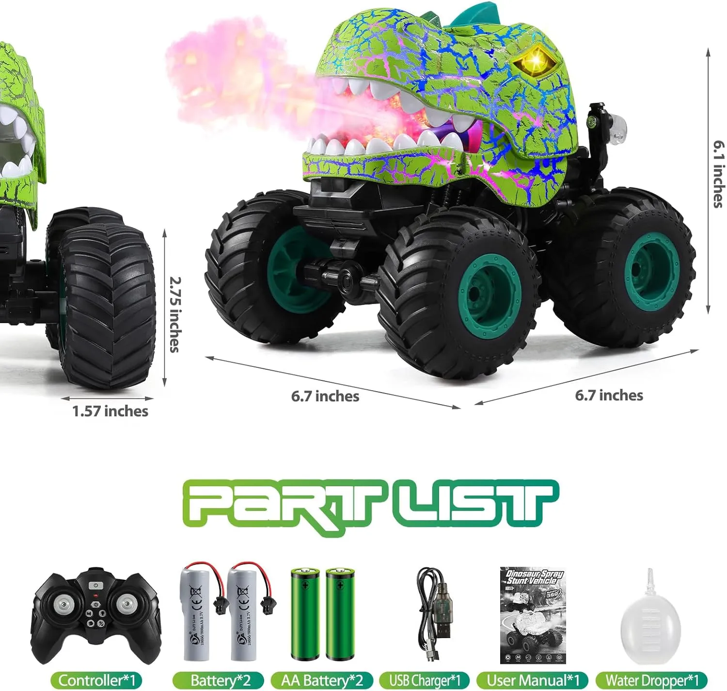 Remote Control Car, 2.4Ghz All Terrain Dinosaur Monster Truck Toys, RC Truck with Spay, Music, 3 Lighting Effects, Stunt Capable, Toy Gifts for Boys and Girls (Green)