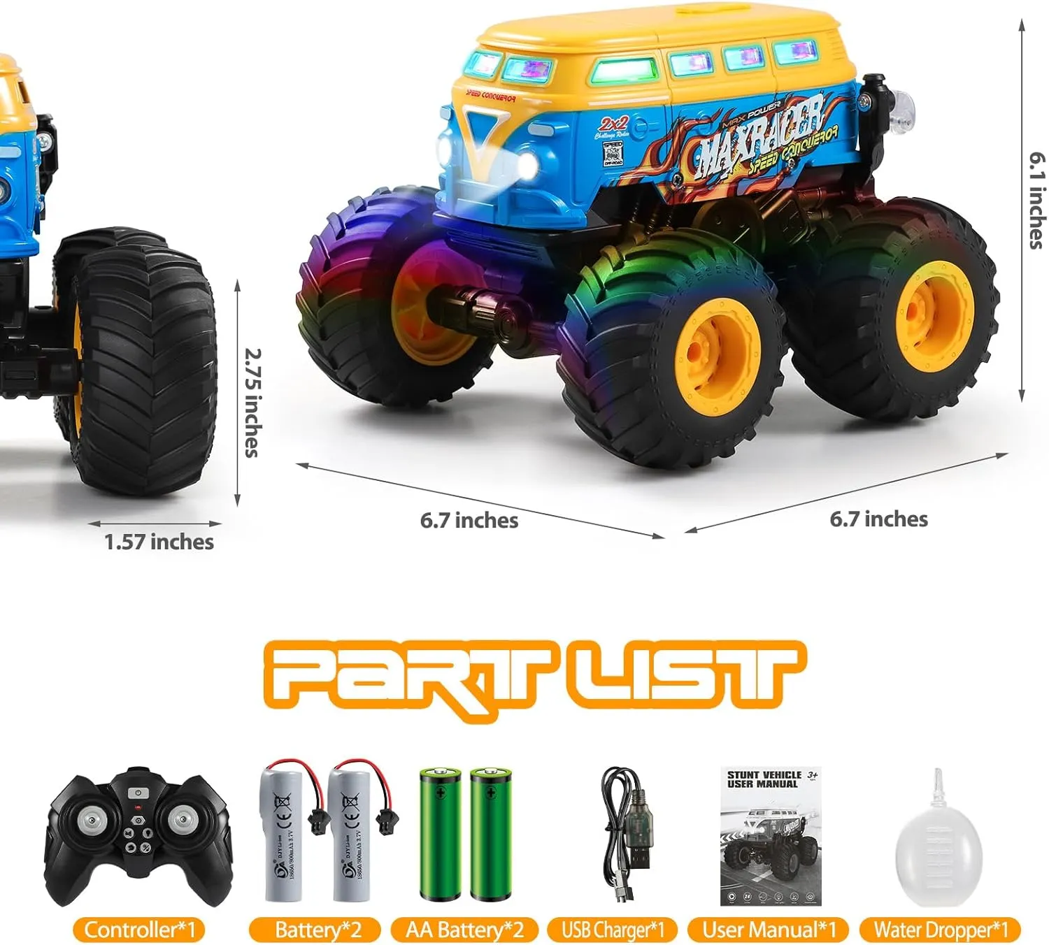 Remote Control Car, 2.4Ghz All Terrain RC Monster Truck Toys with Spray, Music, 3 Lighting Effects, 360 Stunt Capable, All Included Ready to Run, Toy Gifts for Boys and Girl (Yellow)
