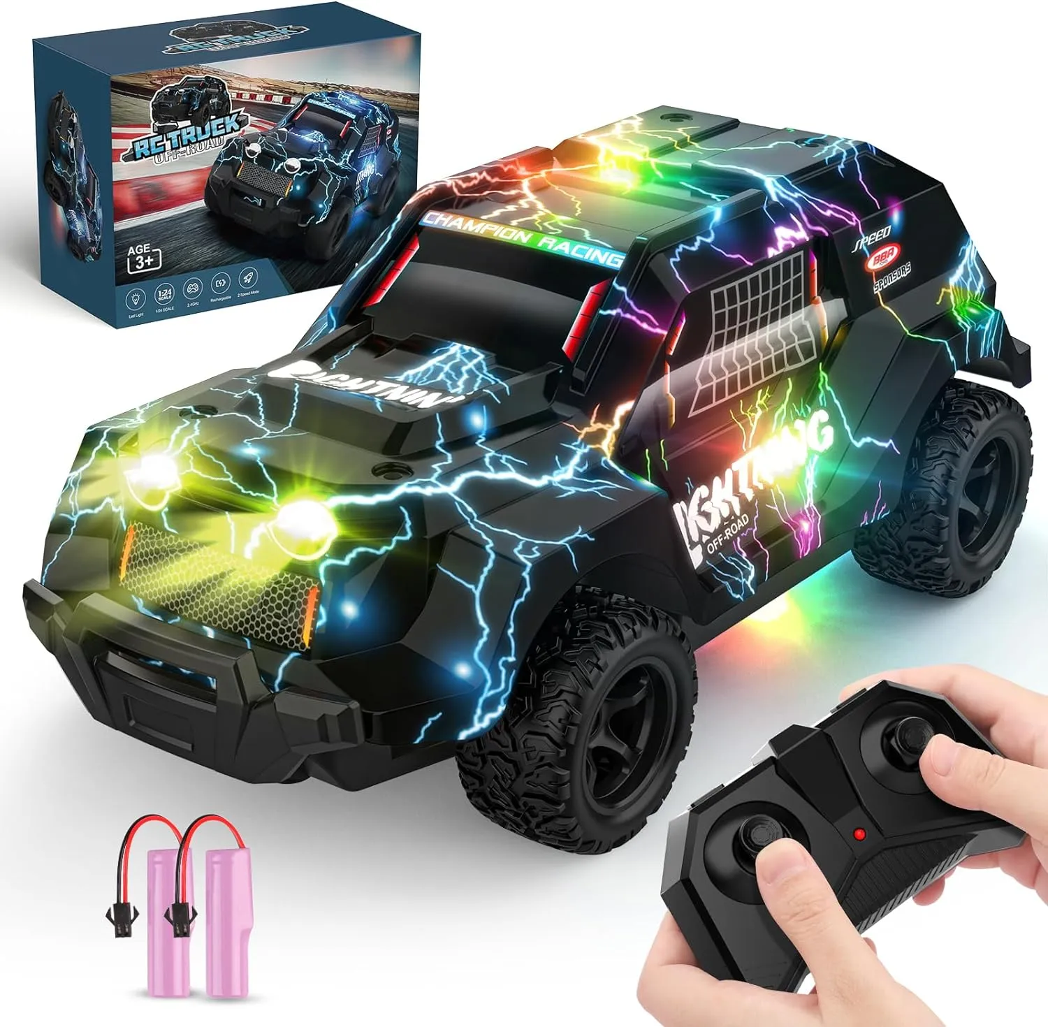 Remote Control Car for Boys 4-7, Off Road RC Car for Kids, Cool Light Up 1/24 Scale Hobby RC Cars Truck Race Car Toy Christmas Birthday Gifts for 3 4 5 6 7 8 Years Old Boys, Blue