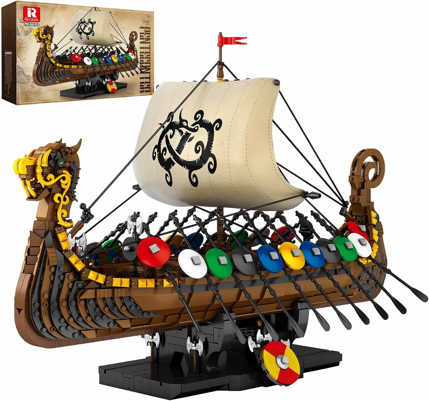 Reobrix Viking Pirate Ship Model Building Set,Medieval Viking Ship Kit with Flock Sails & Shields 66101,Gifts for Men Adults Teens,Viking Decor for Office Room,2547 PCS