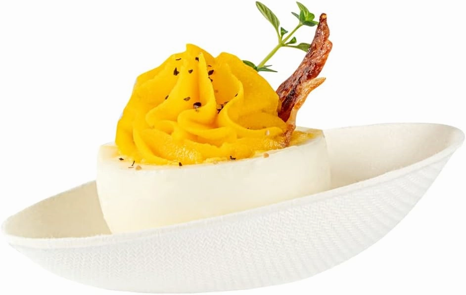 Restaurantware Pulp Safe No PFAS Added 3.2 x 2.1 Inch Tasting Dishes 100 Disposable Dishes - Home Compostable Microwavable And Freezable White Bagasse Food Dishes Egg Shape For Appetizers