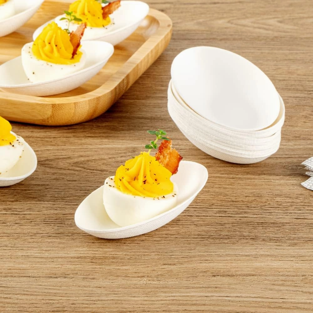 Restaurantware Pulp Safe No PFAS Added 3.2 x 2.1 Inch Tasting Dishes 100 Disposable Dishes - Home Compostable Microwavable And Freezable White Bagasse Food Dishes Egg Shape For Appetizers